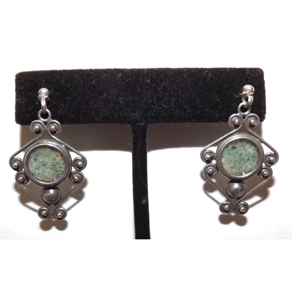 Ancient Roman Glass Vintage Sterling Silver Scroll Dangle Earrings